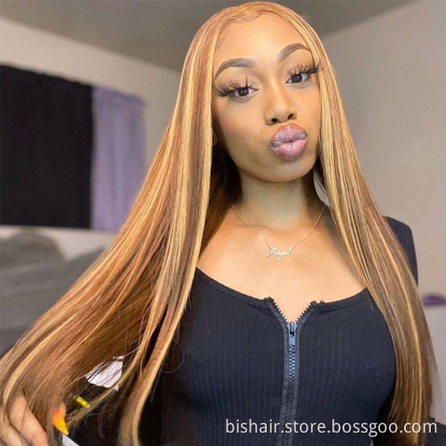 Wholesale 4/27 Highlight Straight Wig With 4x4 Lace Front Brazilian Human Hair Wigs Honey Blonde 150 Density Ombre Remy Wigs